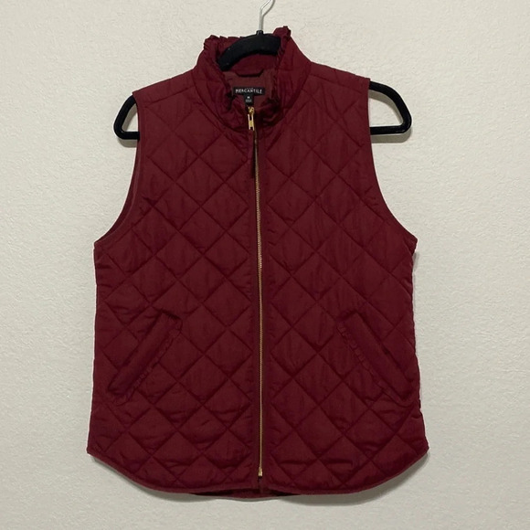 J. Crew Mercantile Ruffled Puffer Vest Dark Wine Size M - Picture 2 of 10